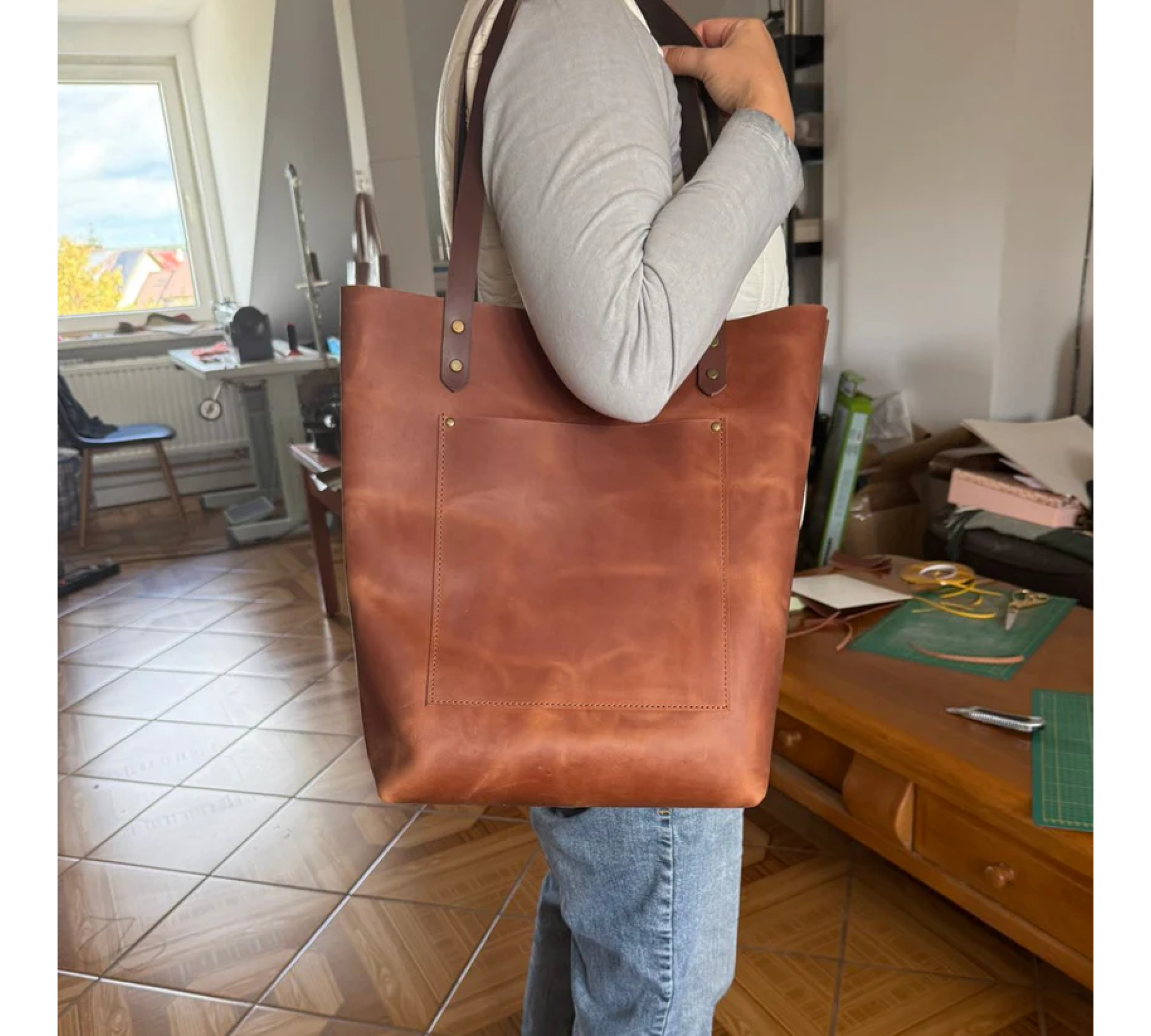 Large Leather Tote Bag Handmade | Maximum Capacity Leather Tote